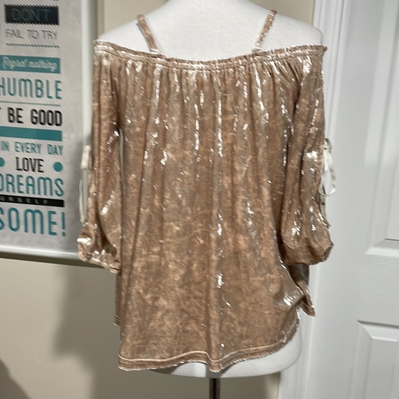 NWT hem & thread tan crushed velvet off-shoulder top. Romantic with bows. - Picture 8 of 12